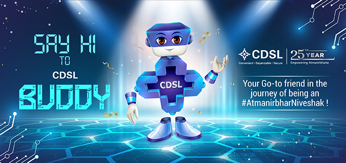 Banner introducing 'CDSL Buddy' with the message 'Say hi to CDSL Buddy,' highlighting a friendly, approachable digital assistant or feature.